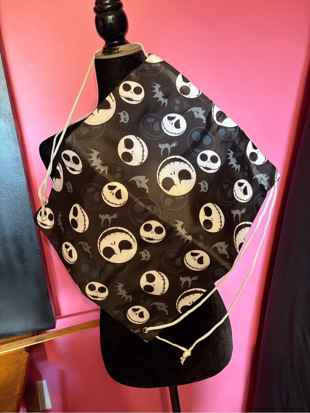 Disney Black Drawstring Backpack with White Skull Faces